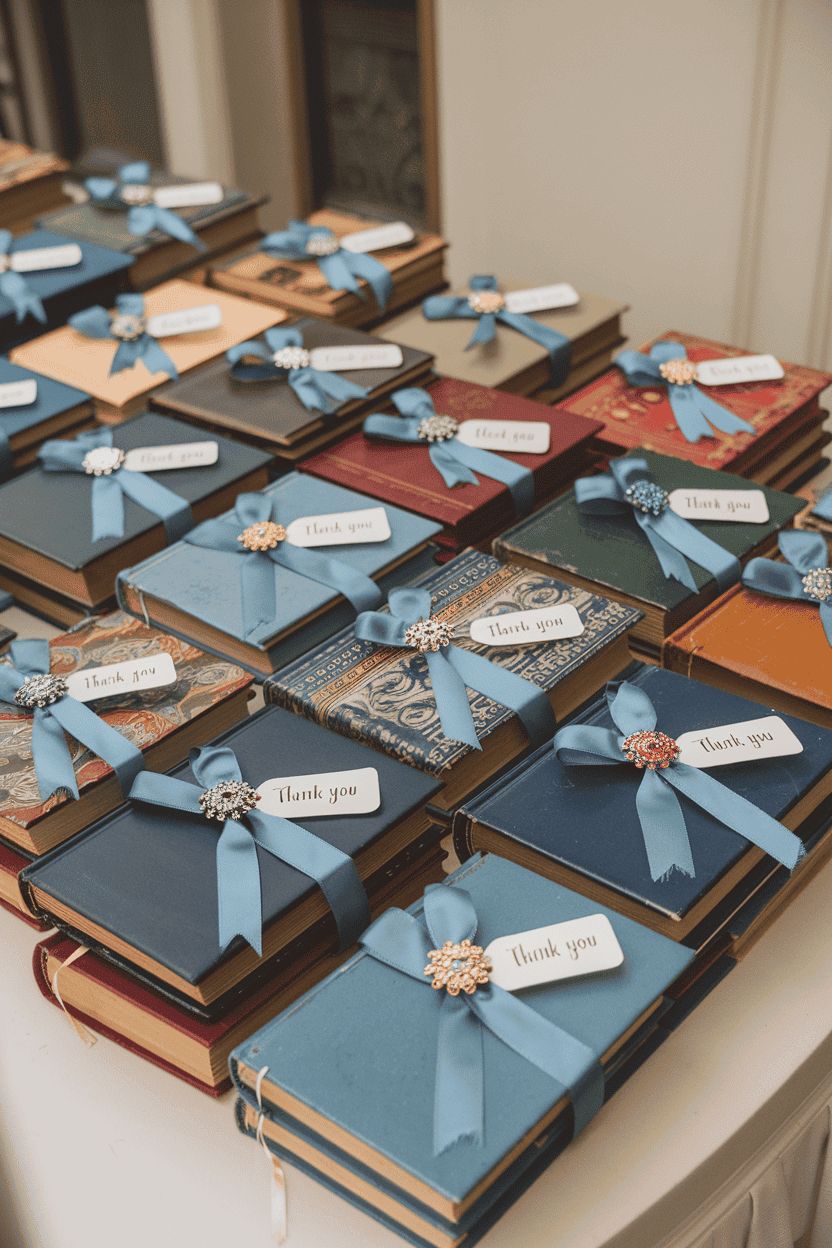 Vintage books with blue ribbon and Thank You tags as wedding favors