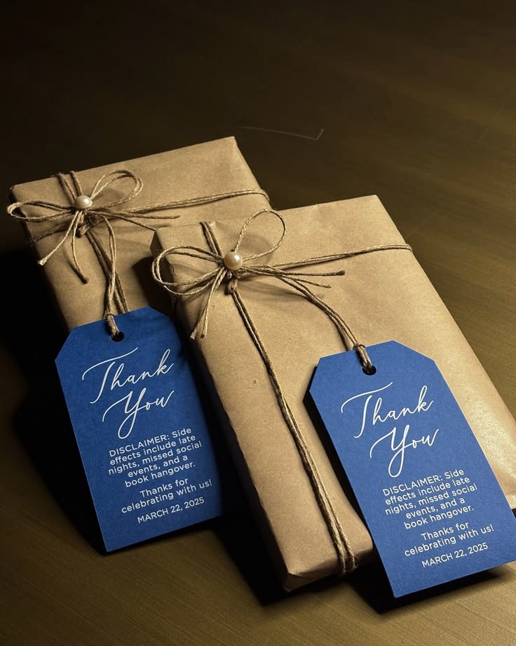 Kraft paper wrapped book wedding favors with personalised Thank You tags