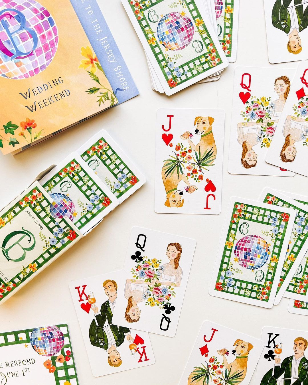 Custom illustrated playing card deck wedding favor with watercolour designs