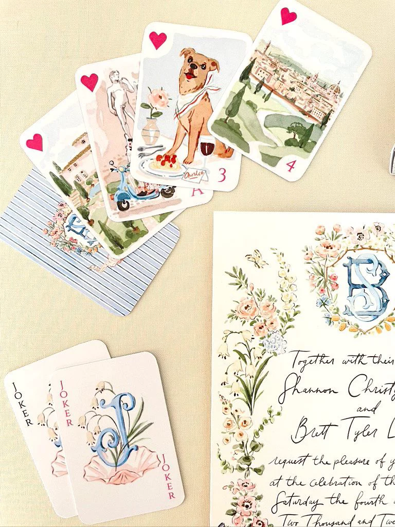 Personalised illustrated playing cards with wedding invitation