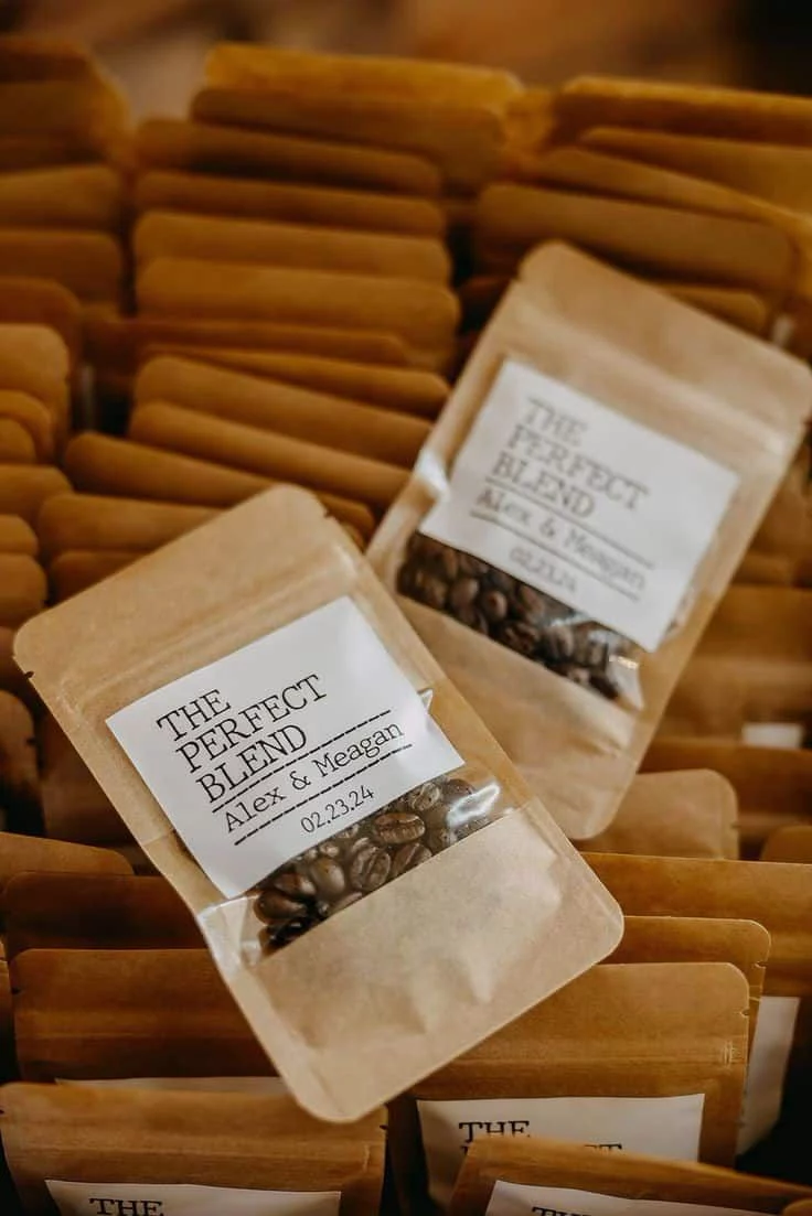 Personalised coffee bean wedding favors in kraft bags with The Perfect Blend label