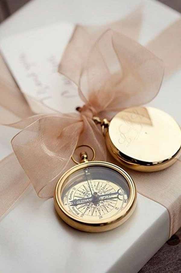 Engraved gold compass wedding favor with organza ribbon on gift box