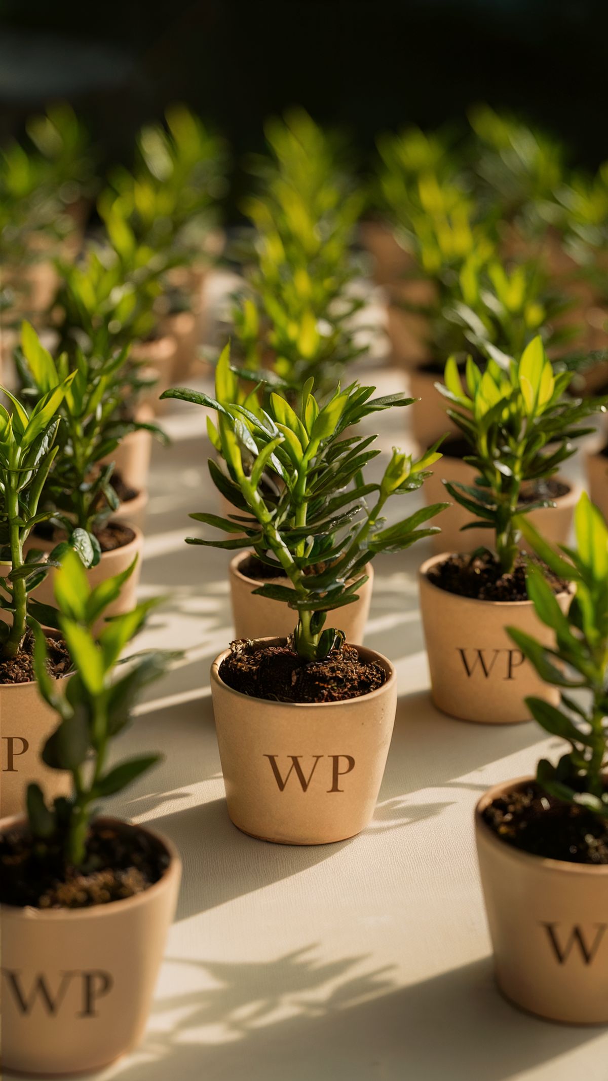 Mini herb pots with personalised initials as wedding favors