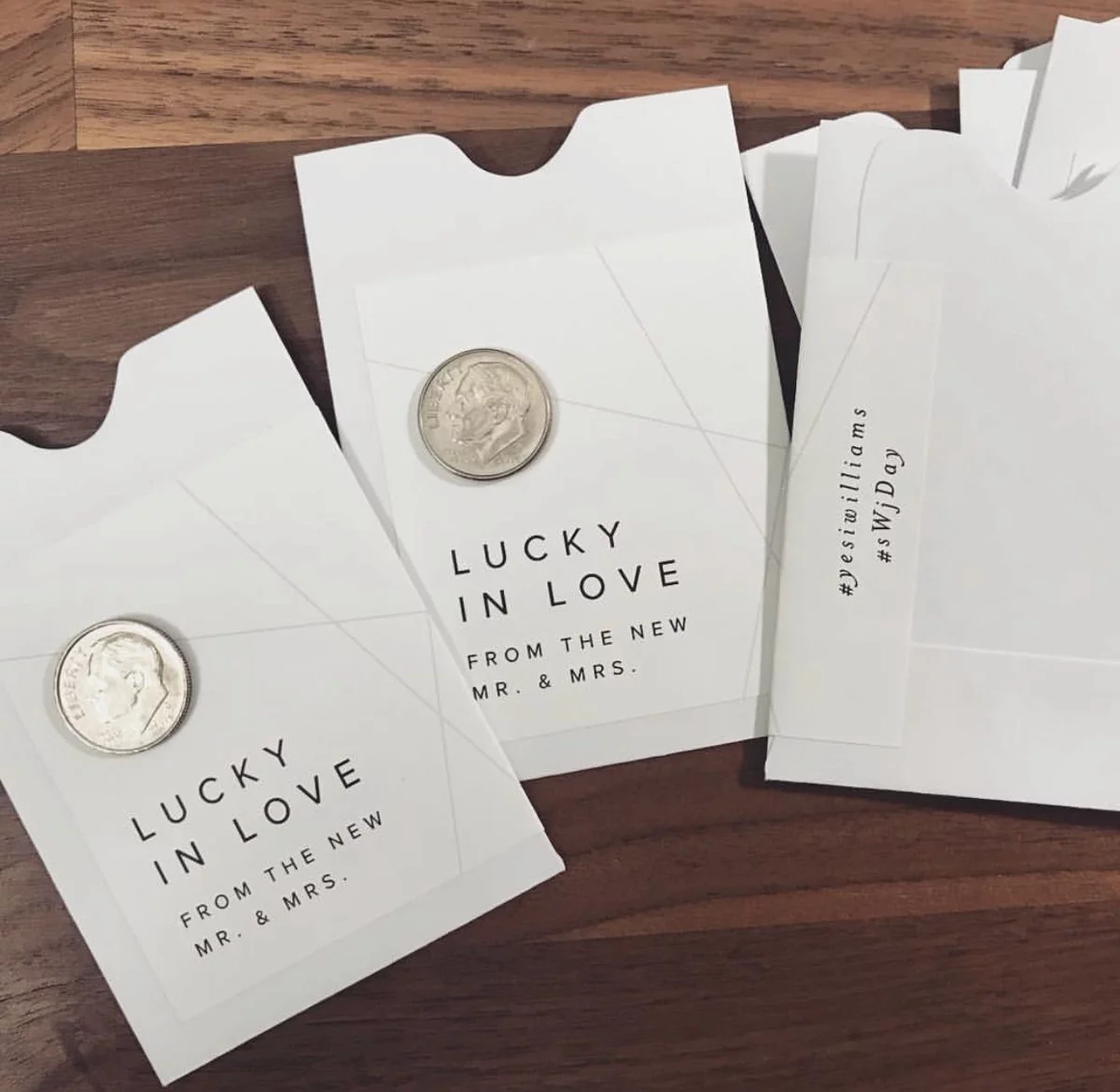 Lucky in Love scratch card wedding favor envelopes with coins