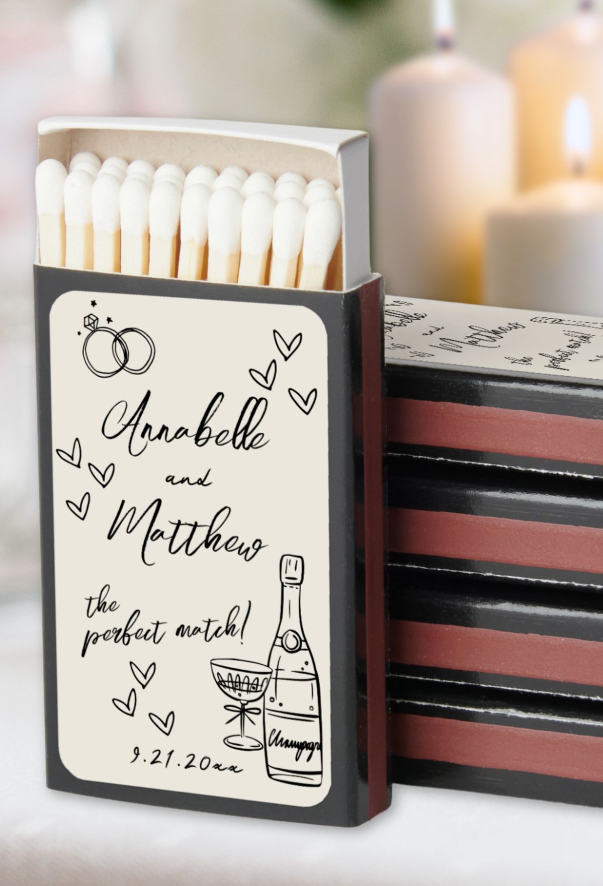 Personalised The Perfect Match matchbox wedding favor with champagne illustration