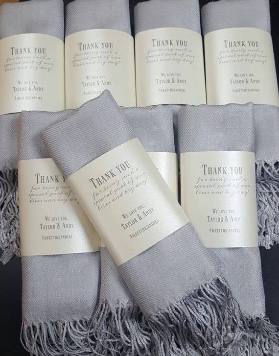 Grey pashmina shawl wedding favors with personalised Thank You labels