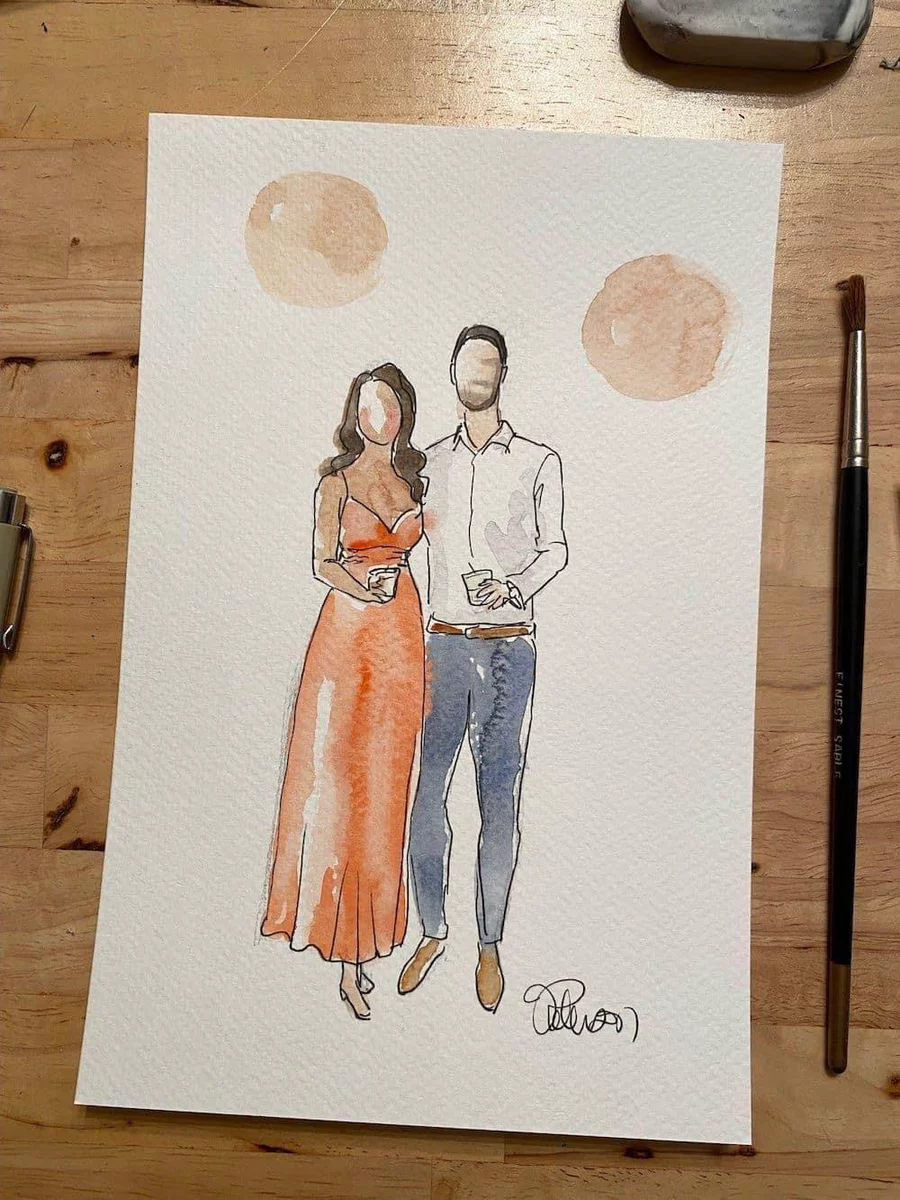 Watercolour painting of couple as personalised wedding favor