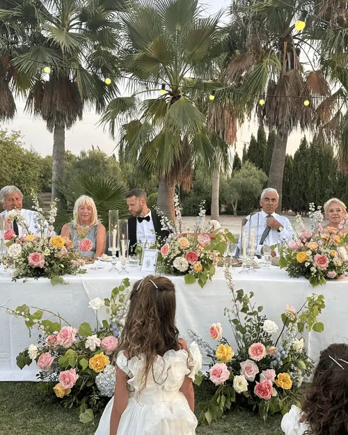 Wedding reception guests at decorated table