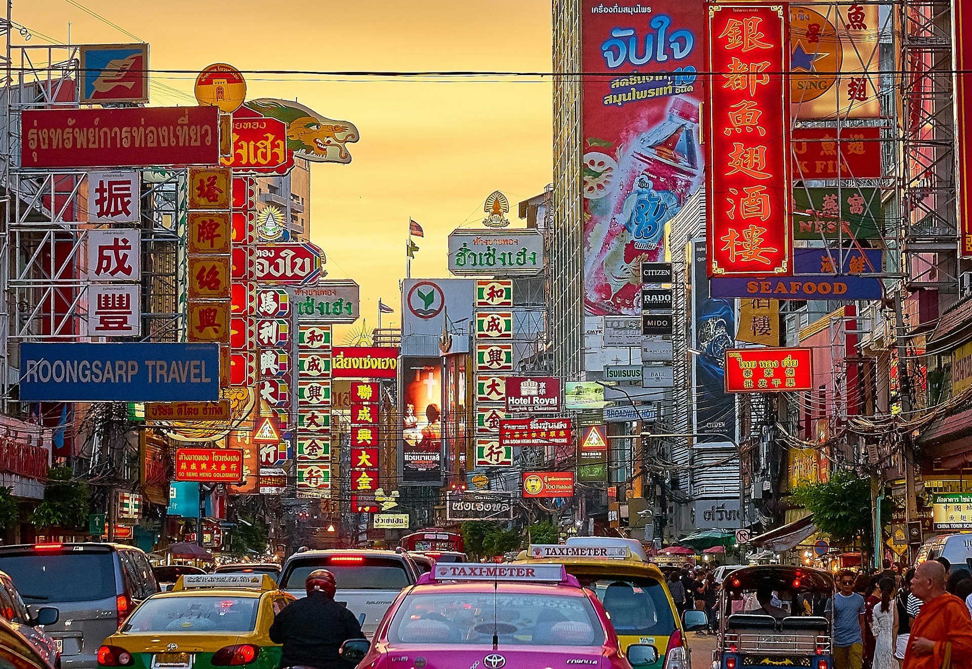 Chinatown street in Bangkok, Thailand at golden hour