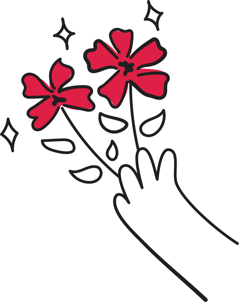 Hand holding a bouquet of flowers with sparkles