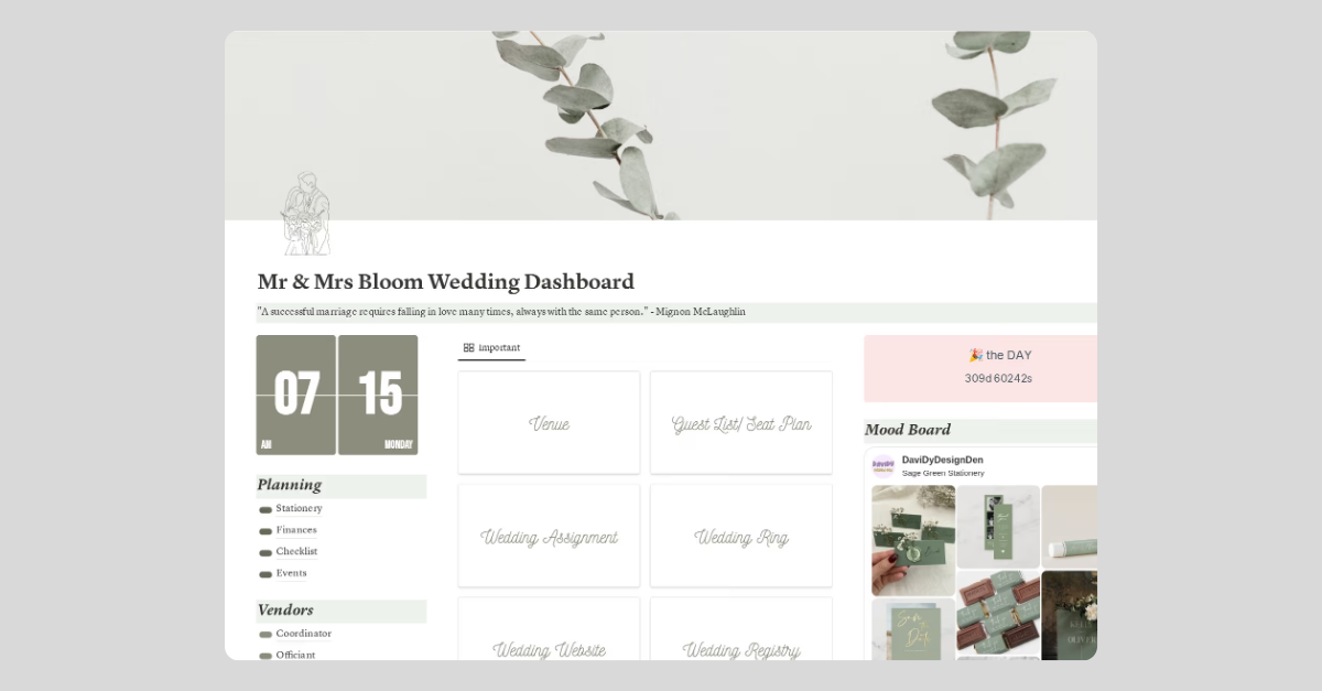 Sage Green Notion Wedding Planner Template