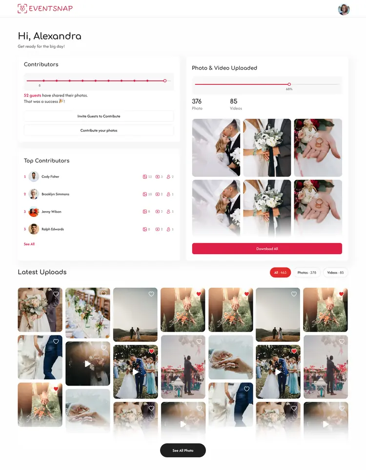 EventSnap dashboard showing photo uploads and top contributors
